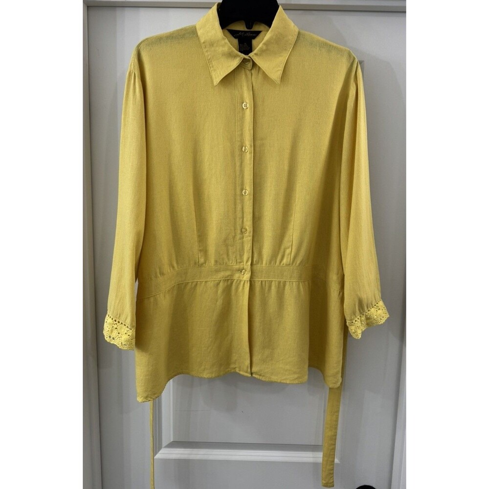 Shirt 1X Yellow Linen/Rayon Collar Button up Blouse 3/4 Sleeve lace / Tie back